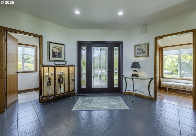 38201 Queens Rd, Marcola, OR 97454 - entrance foyer featuring baseboards, recessed lighting, and dark tile patterned flooring