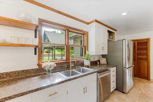 26127 NW Williams Canyon Rd, Gaston, OR 97119 - kitchen featuring open shelves, appliances with stainless steel finishes, a sink, white cabinetry, and dark countertops