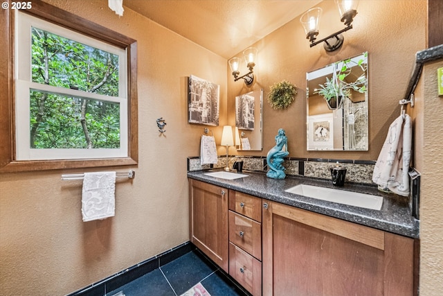 22060 S Forest Park Rd, Beavercreek, OR 97004 - bathroom with tile patterned flooring, double vanity, and a textured wall