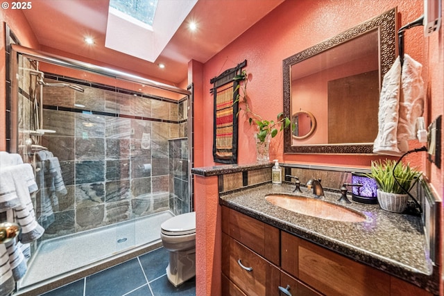 22060 S Forest Park Rd, Beavercreek, OR 97004 - full bath with a skylight, a shower stall, vanity, tile patterned flooring, and recessed lighting