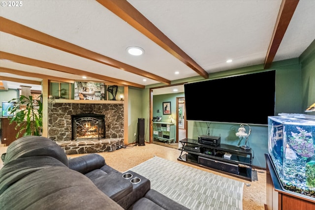 22060 S Forest Park Rd, Beavercreek, OR 97004 - living room with beam ceiling, a stone fireplace, and recessed lighting