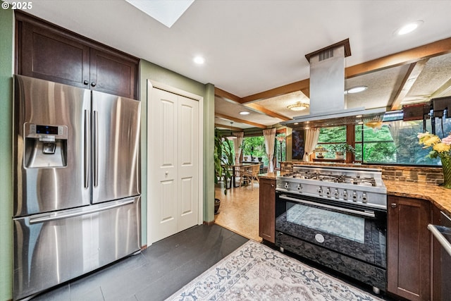 22060 S Forest Park Rd, Beavercreek, OR 97004 - kitchen with stainless steel refrigerator with ice dispenser, gas stove, dark brown cabinetry, recessed lighting, and light stone countertops