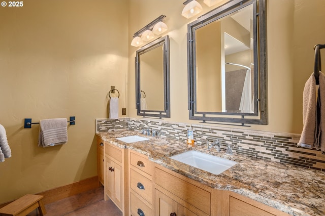 10771 E Langell Valley Rd, Bonanza, OR 97623 - full bathroom with decorative backsplash, double vanity, and a shower