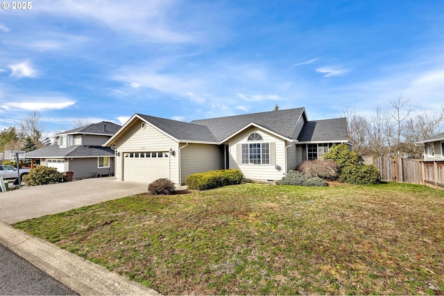 ranch-style house featuring roof with shingles, concrete driveway, a front yard, fence, and a garage