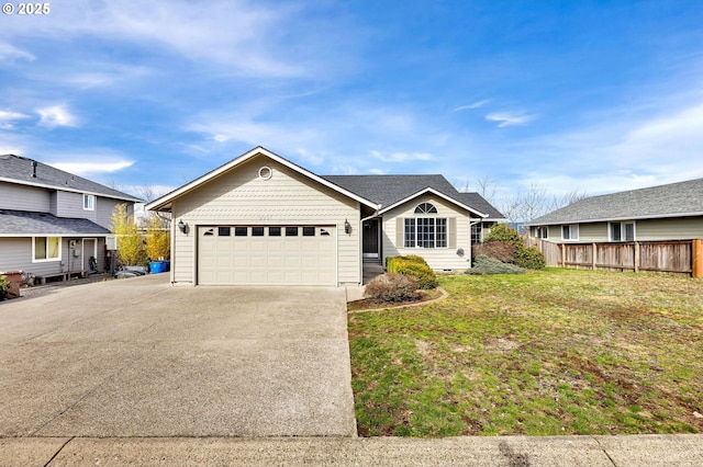 ranch-style house with driveway, a front lawn, an attached garage, and fence