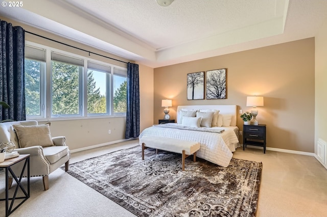 carpeted bedroom with baseboards, a textured ceiling, and a tray ceiling
