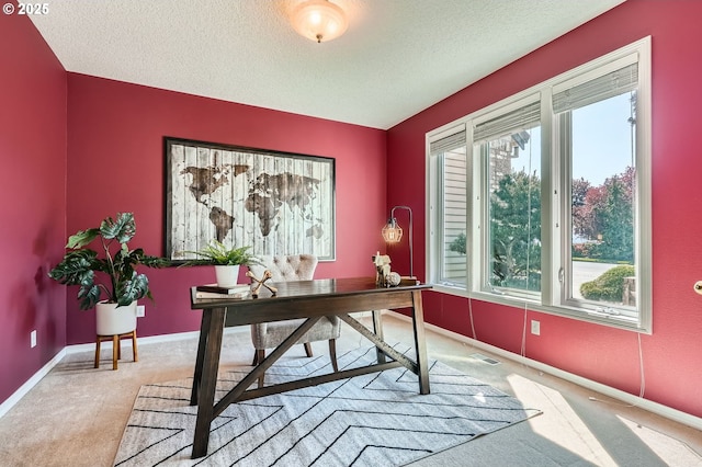 office area with a textured ceiling, light colored carpet, baseboards, and visible vents