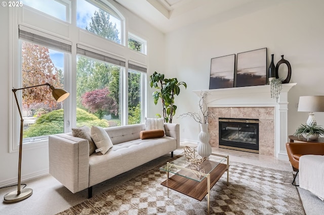 living area with a premium fireplace, a high ceiling, plenty of natural light, and baseboards