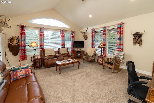 carpeted living room featuring lofted ceiling, baseboards, and recessed lighting