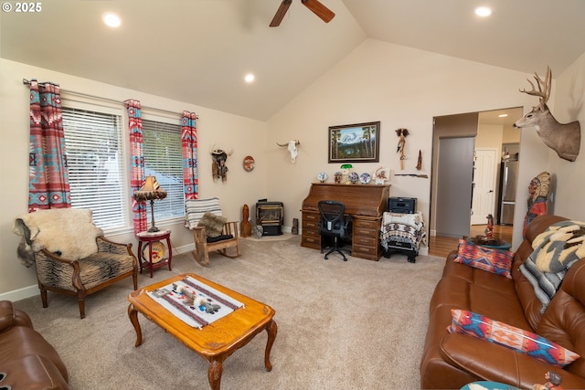 living area featuring carpet floors, recessed lighting, ceiling fan, and high vaulted ceiling