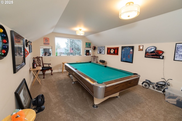 playroom featuring vaulted ceiling, carpet, billiards, and baseboards