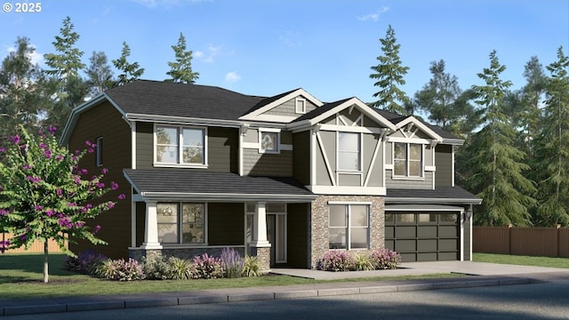 view of front facade with covered porch, driveway, a garage, fence, and stone siding