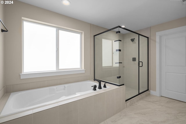 full bath featuring recessed lighting, marble finish floor, a bath, and a shower stall