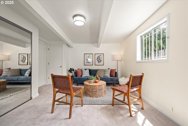 3726 NE 77th Ave, Portland, OR 97213 - living area featuring beamed ceiling, light carpet, baseboards, and heating unit