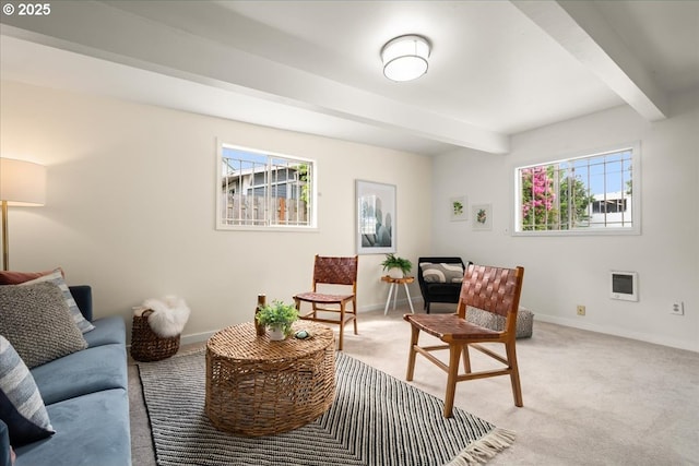 3726 NE 77th Ave, Portland, OR 97213 - living room featuring light colored carpet, beam ceiling, and baseboards