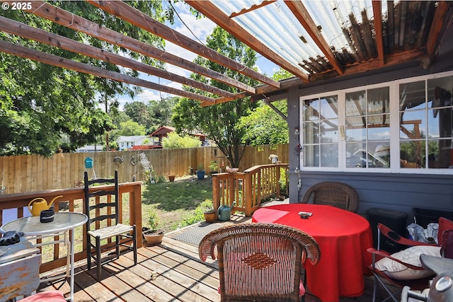 317 E 14th St, The Dalles, OR 97058 - deck featuring a fenced backyard and a pergola