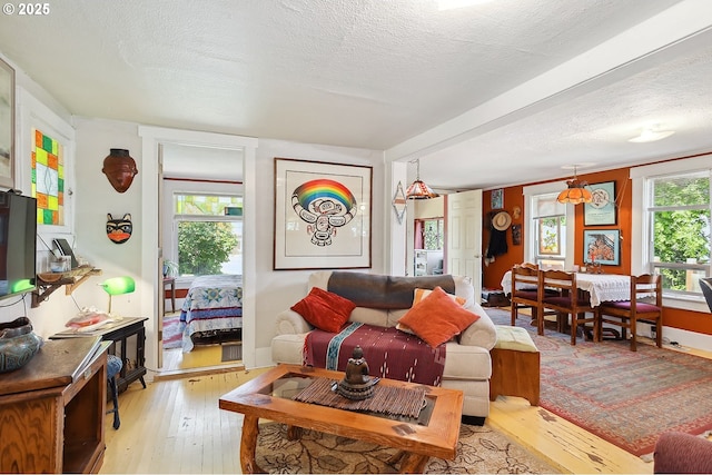 317 E 14th St, The Dalles, OR 97058 - living room featuring light wood-style flooring and a textured ceiling