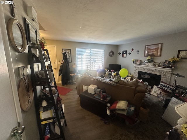 living room with dark wood-type flooring and a fireplace