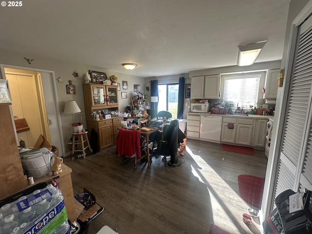 kitchen featuring plenty of natural light, dark hardwood / wood-style floors, and white appliances