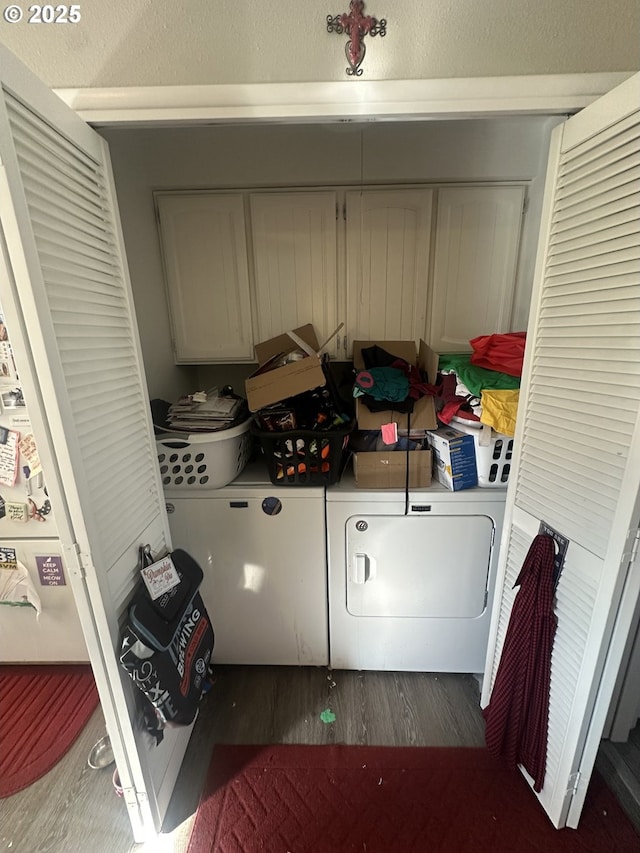 clothes washing area with cabinets and washer and clothes dryer