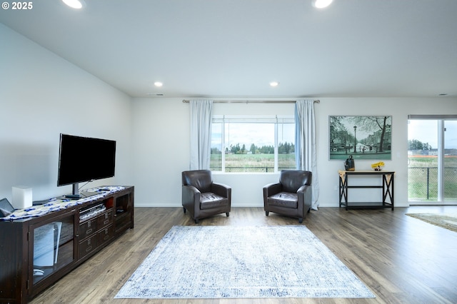 living area featuring light wood-style floors, baseboards, and recessed lighting