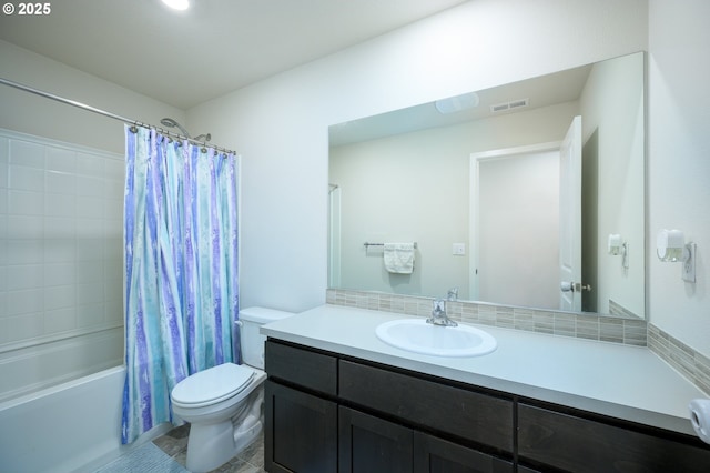 full bath with toilet, vanity, shower / bath combination with curtain, and visible vents