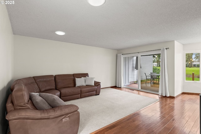 living room with hardwood / wood-style flooring and a textured ceiling