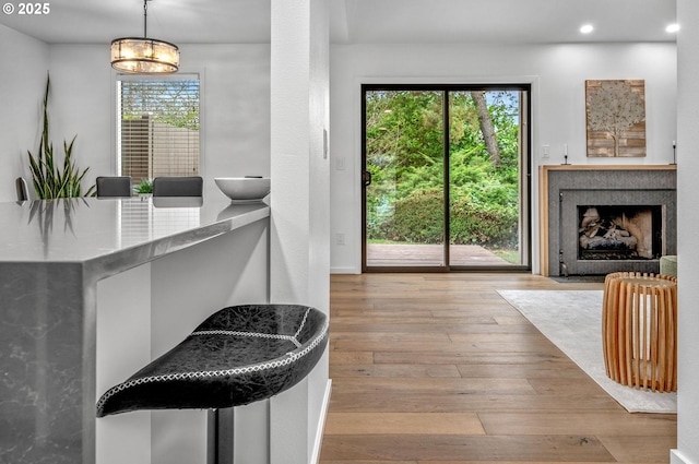 interior space featuring a fireplace with flush hearth