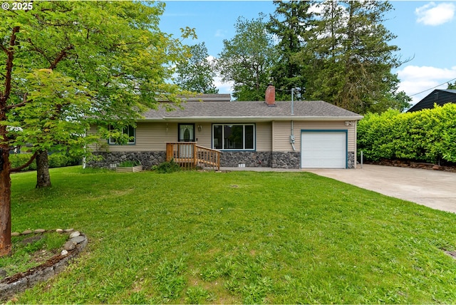 3116 NE 108th Ave, Portland, OR 97220 - ranch-style house with a chimney, an attached garage, stone siding, concrete driveway, and a front yard