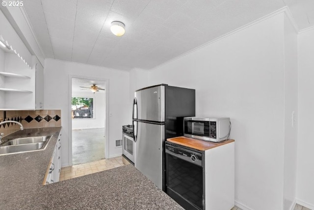 161 1st St, Dillard, OR 97432 - kitchen featuring appliances with stainless steel finishes, a sink, ornamental molding, open shelves, and ceiling fan