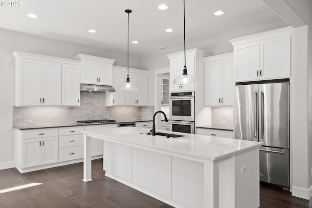 16706 NW Crossvine St, Portland, OR 97229 - kitchen featuring appliances with stainless steel finishes, a sink, recessed lighting, dark wood-type flooring, and decorative backsplash