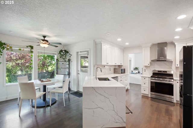kitchen featuring appliances with stainless steel finishes, wall chimney exhaust hood, a sink, plenty of natural light, and recessed lighting