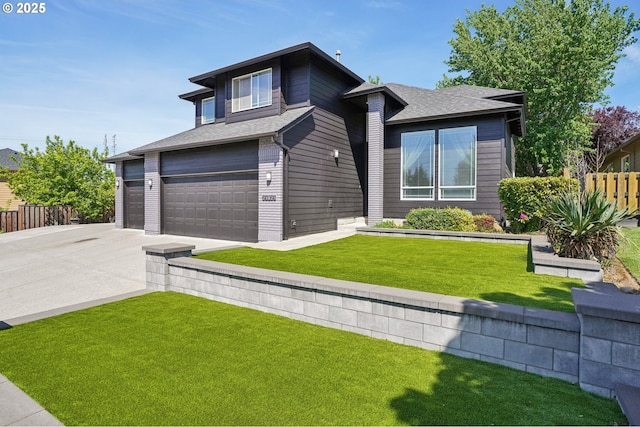view of front of house featuring driveway, a garage, roof with shingles, and brick siding