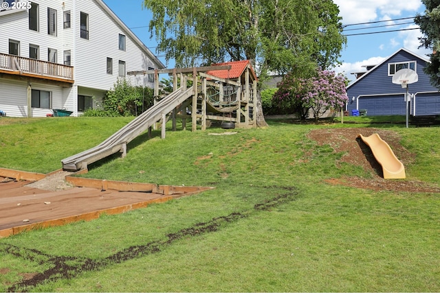 view of play area featuring a yard