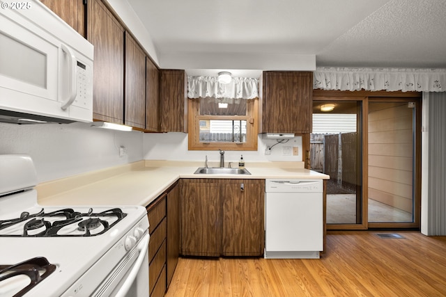 kitchen with light wood-style flooring, a sink, a textured ceiling, white appliances, and light countertops