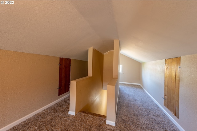 bonus room with carpet, a textured wall, and lofted ceiling