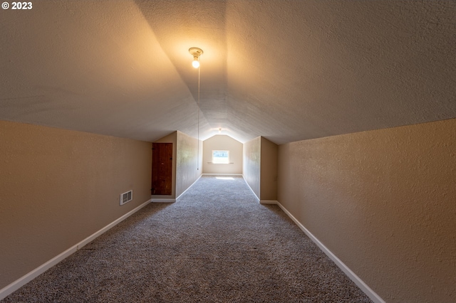 additional living space featuring carpet floors, visible vents, a textured wall, a textured ceiling, and lofted ceiling