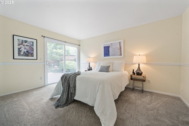bedroom featuring access to exterior, carpet flooring, and baseboards