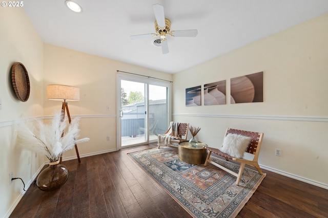sitting room with hardwood / wood-style floors, baseboards, ceiling fan, and recessed lighting