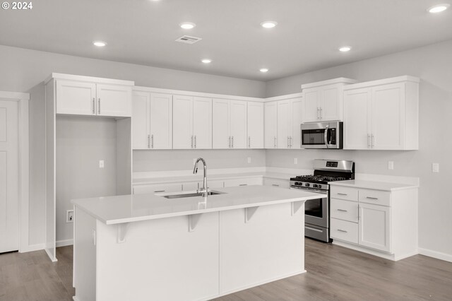 kitchen with white cabinetry, stainless steel appliances, sink, and a center island with sink