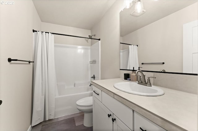 12977 SE Creekside Ter, Happy Valley, OR 97086 - bathroom featuring vanity, toilet, wood finished floors, and shower / bath combination with curtain