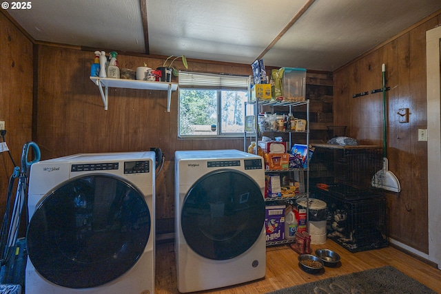 1646 E Gibbs Ave, Cottage Grove, OR 97424 - clothes washing area featuring separate washer and dryer, laundry area, wood walls, and wood finished floors