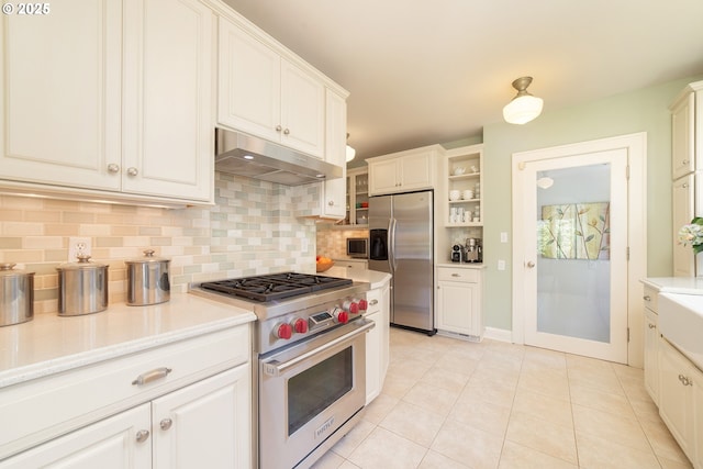 4052 NE 22nd Ave, Portland, OR 97212 - kitchen with stainless steel appliances, under cabinet range hood, light countertops, backsplash, and light tile patterned floors