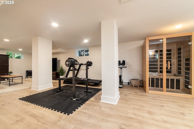 4052 NE 22nd Ave, Portland, OR 97212 - workout room featuring recessed lighting, wood finished floors, and a sauna / steam room