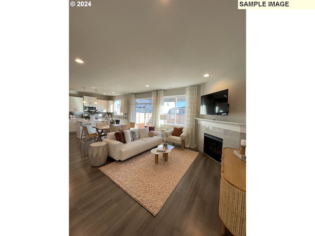 living area featuring a fireplace, dark wood-style flooring, and recessed lighting