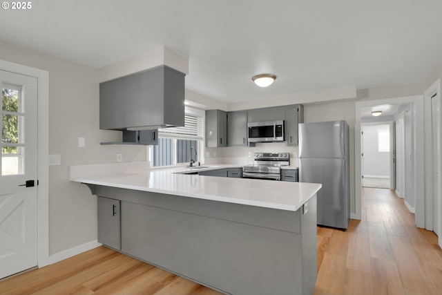 kitchen with plenty of natural light, stainless steel appliances, kitchen peninsula, and gray cabinetry