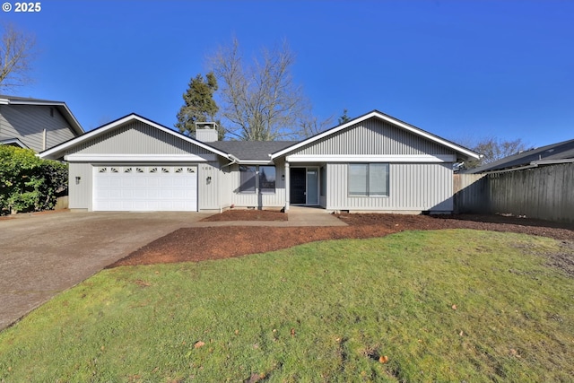 single story home with a garage and a front lawn