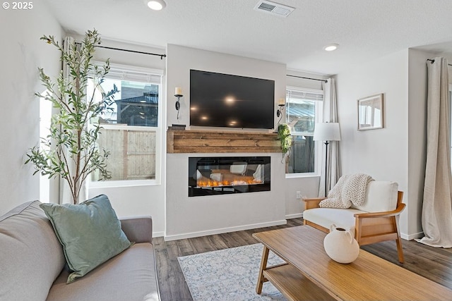 living room with hardwood / wood-style floors and a textured ceiling