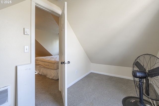 additional living space featuring carpet floors, lofted ceiling, and baseboards