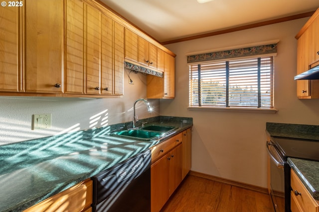 kitchen with black dishwasher, electric stove, dark countertops, dark wood-style floors, and a sink